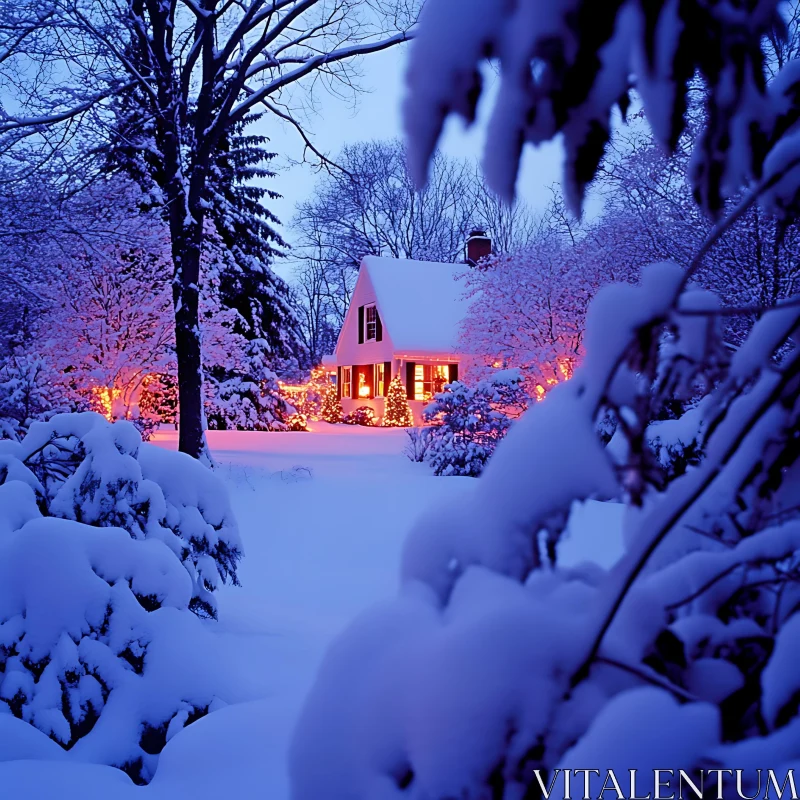 Snow-covered Cabin with Festive Lights AI Image