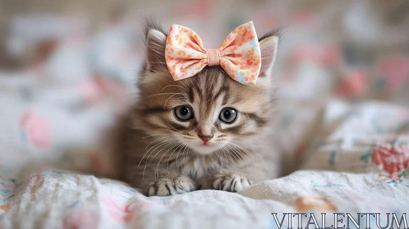 Cute Kitten Adorned with Orange and Pink Bow AI Image