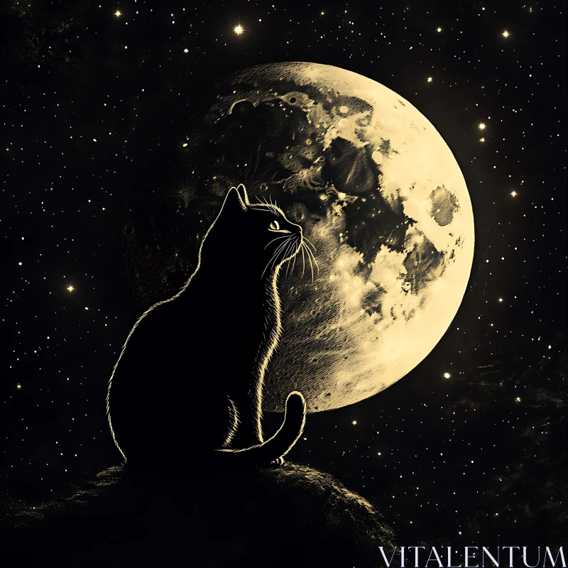 Cat Silhouette and Moonlit Night Sky AI Image