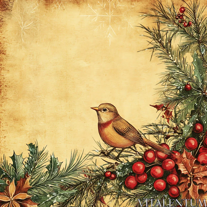 Vintage Holiday Bird Illustration AI Image