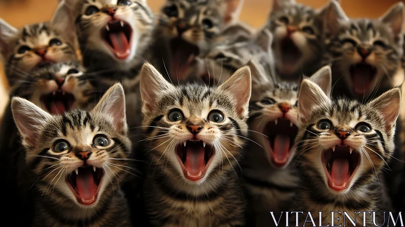 Adorable Striped Kittens Meowing in Group AI Image