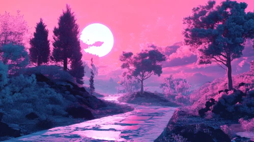 Surreal Pink Sky Sunset Over Nature Path