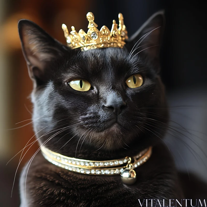 Royal Black Cat Adorned in Gold Jewels AI Image