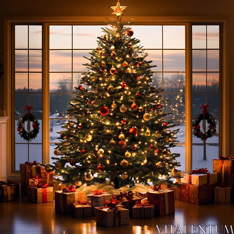 Cozy Living Room with Festive Christmas Tree AI Image