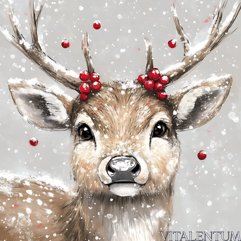 Festive Deer in a Snowy Landscape AI Image