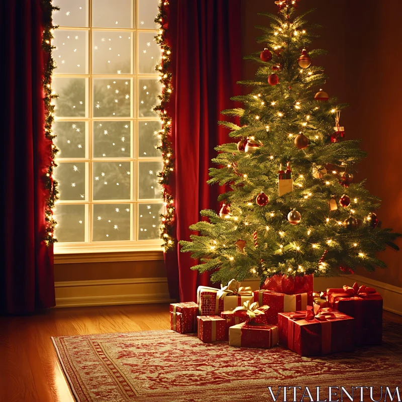 Festive Holiday Decor with Snowy Backdrop AI Image