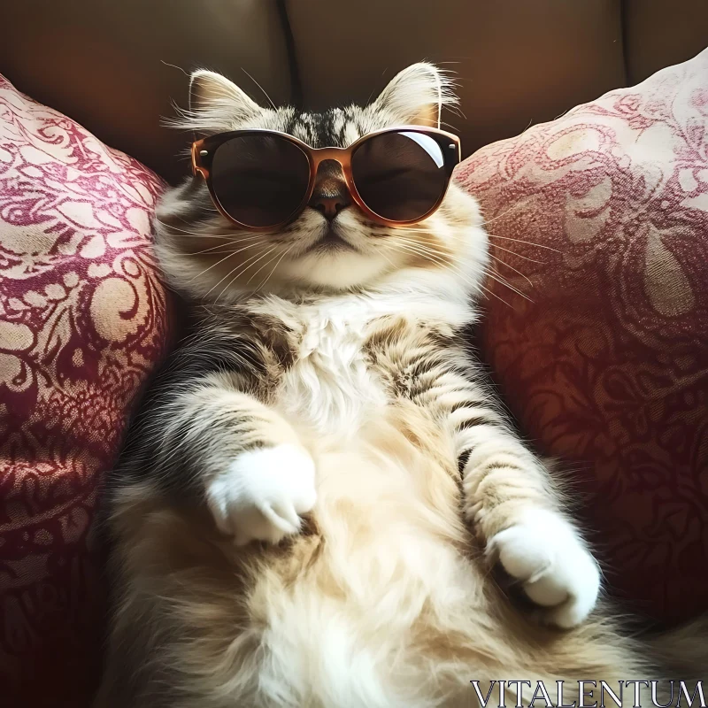 Relaxed Cat Wearing Sunglasses Between Pillows AI Image