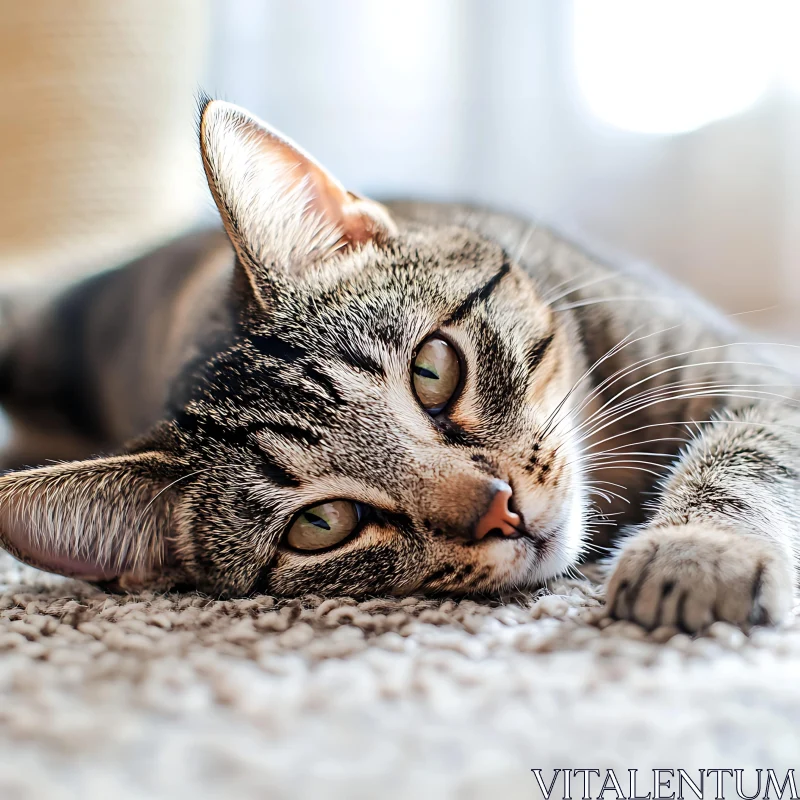 Close-Up of Tabby Cat Resting on Carpet AI Image