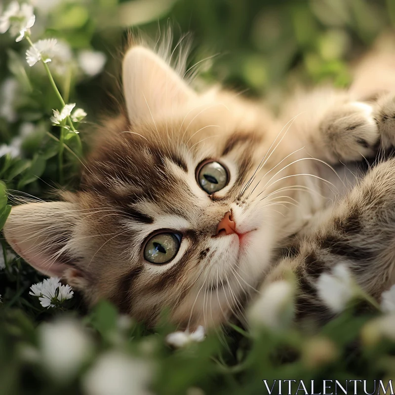 Cute Fluffy Kitten in Natural Floral Setting AI Image