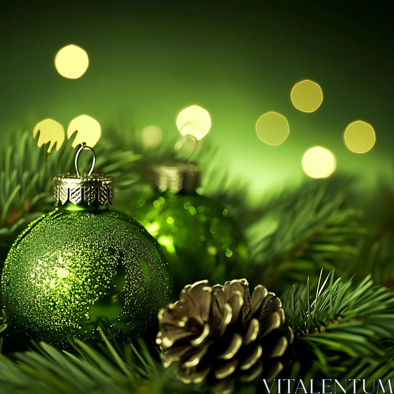 AI ART Festive Green Christmas Baubles in Pine Foliage