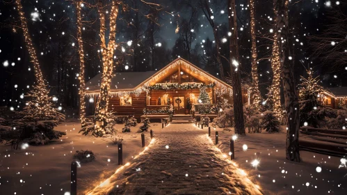 Festive Winter Cabin Amidst Falling Snow