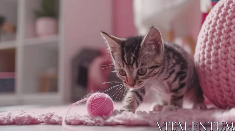 Adorable Tabby Kitten Playing with Pink Yarn AI Image