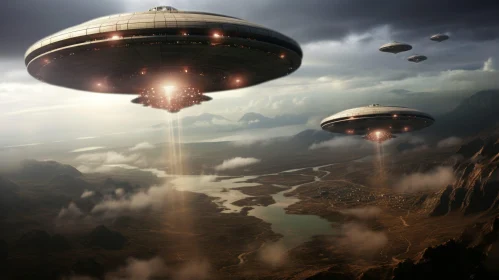 Alien Encounter: Flying Saucers Over Mountainous Landscape