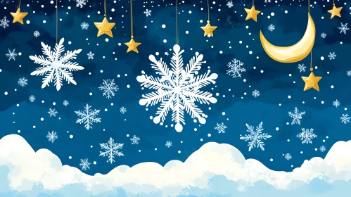 Serene Night Sky with Snowflakes and Crescent Moon