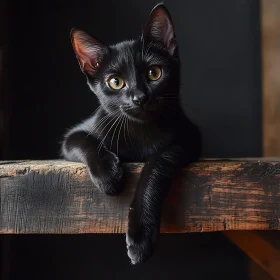 Curious Black Cat Posing on Rustic Wood