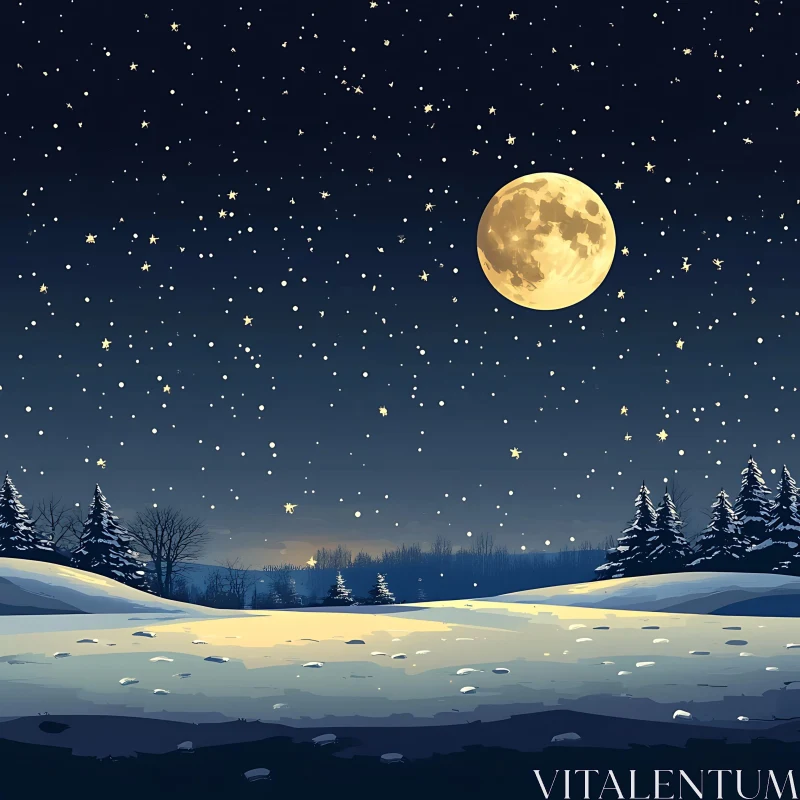 Tranquil Winter Moonlit Scene with Snow and Stars AI Image