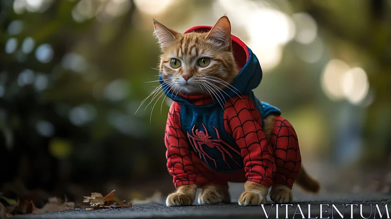 Cat Dressed as Spiderman in Autumn Setting AI Image