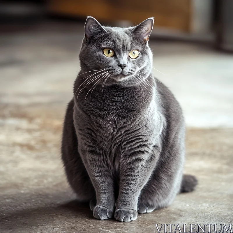 Grey Cat with Plush Coat and Yellow Eyes AI Image