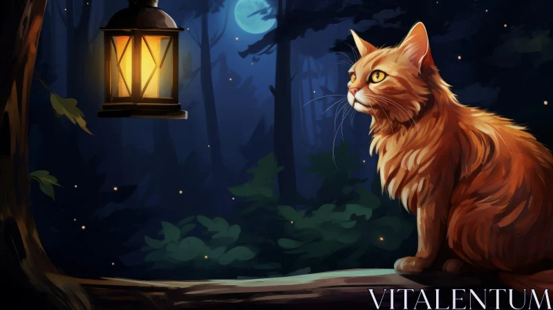 Enchanting Cat in Forest Night Scene AI Image