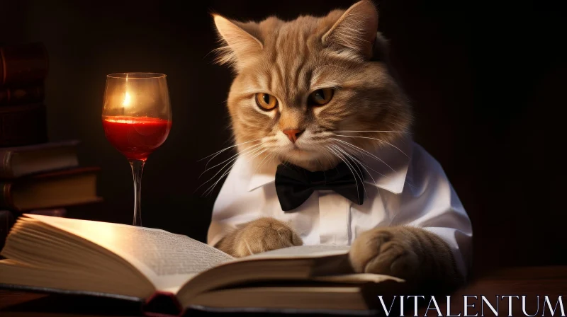 Enchanting Cat Reading Book with Wine Glass Scene AI Image