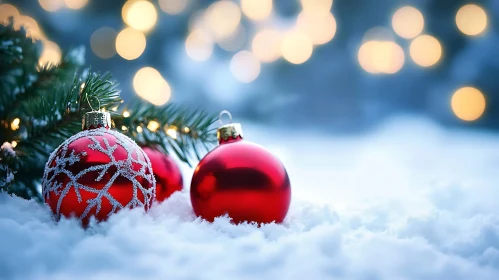 Snowy Christmas Ornaments with Bokeh Lights