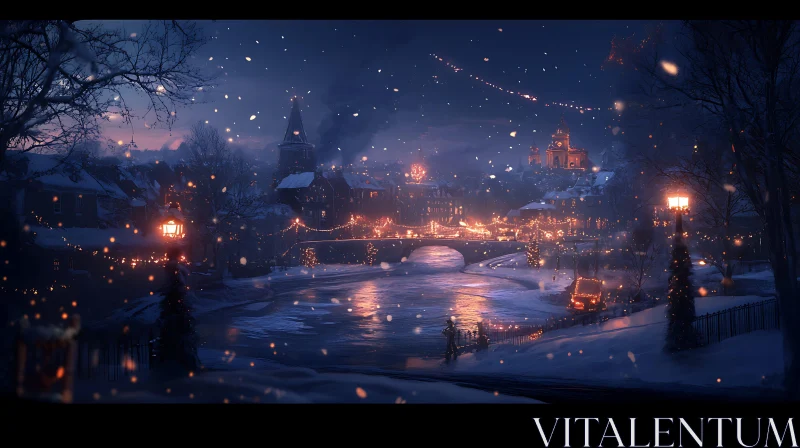 Snowy Village Night Scene AI Image