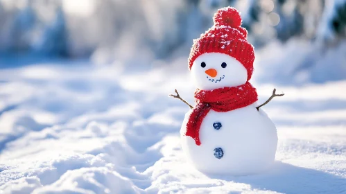 Snowman in Red Attire Amid Snowy Landscape