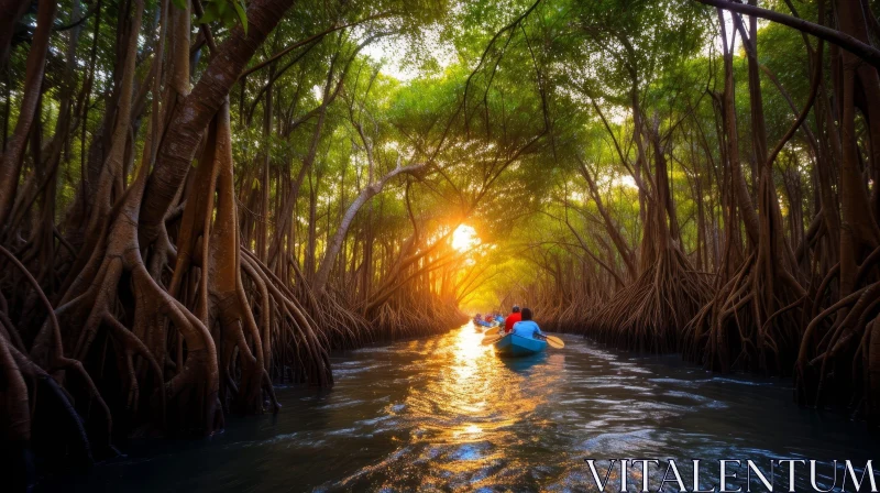 AI ART Golden Glow Kayaking in Mangrove Forest