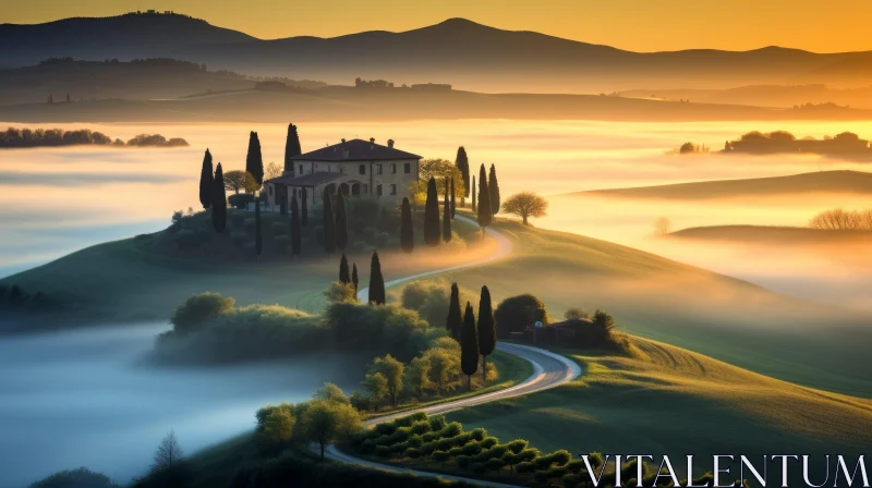 AI ART Misty Tuscan Hills at Sunrise: A Captivating Landscape