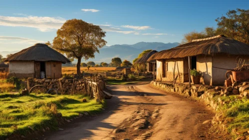 Serene Thatched Huts on a Rustic Dirt Road - A Captivating Nature Scene