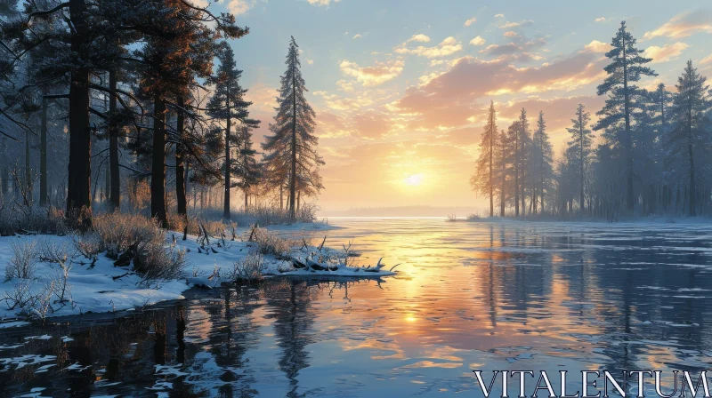 Winter Landscape with Frozen Lake and Snow-Covered Trees AI Image