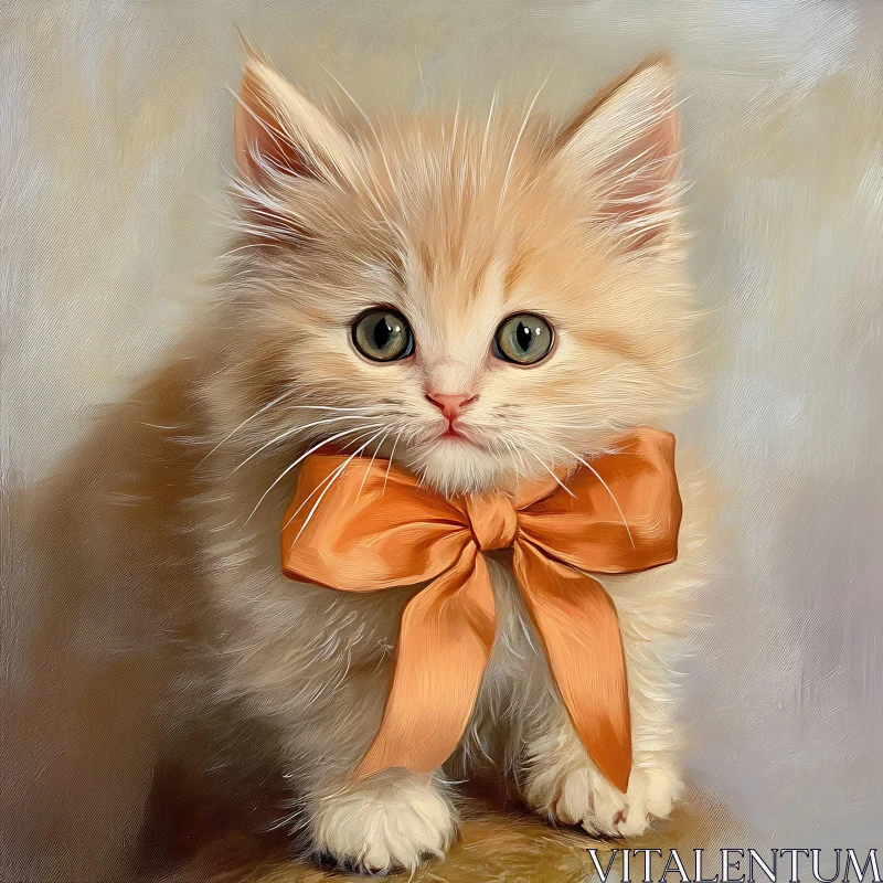 Cute Kitten with Orange Ribbon AI Image