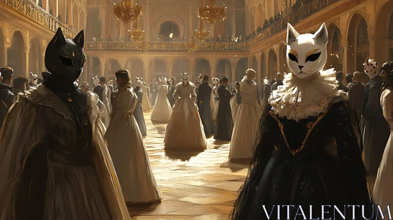 Mystical Cat Masquerade in a Grand Ballroom AI Image