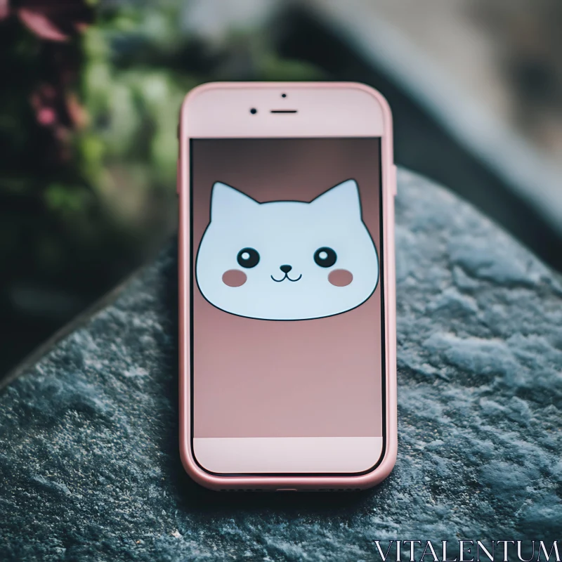 Adorable Cat Illustration on Mobile Phone AI Image