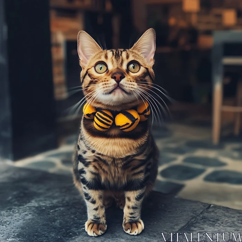 Bengal Cat in Stylish Bead Collar Sitting Indoors AI Image