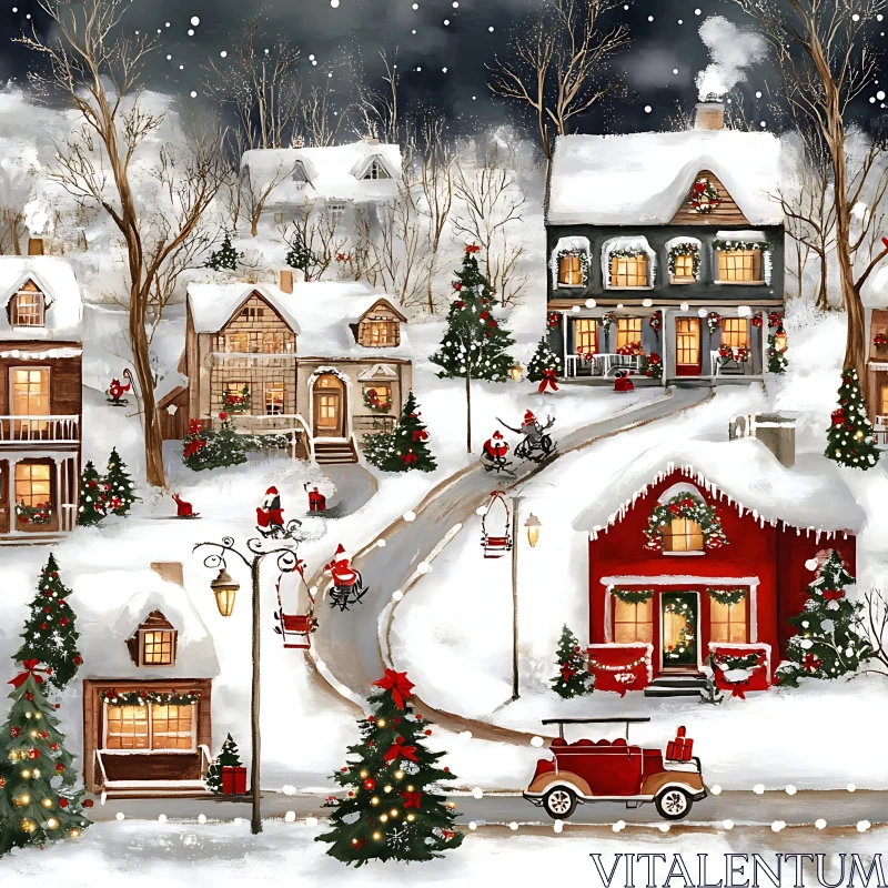 Festive Snowy Village with Christmas Decorations AI Image