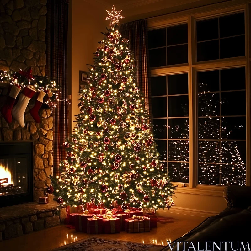 Warm Holiday Decor with Christmas Tree and Fireplace AI Image