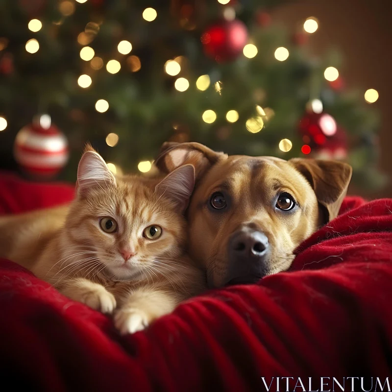 Cute Cat and Dog Amid Christmas Decorations AI Image