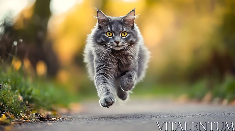 Grey Cat Running Outdoors AI Image