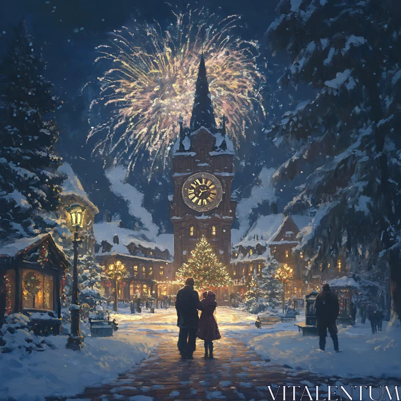 Magical Winter Night with Fireworks and Festive Decor AI Image