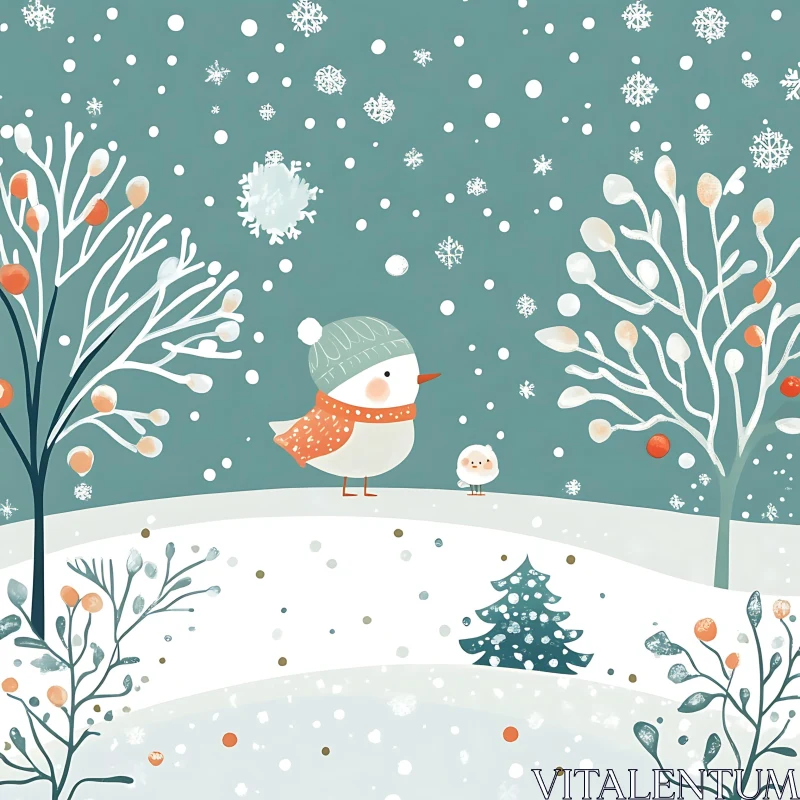 Cute Winter Scene with Birds and Snow AI Image