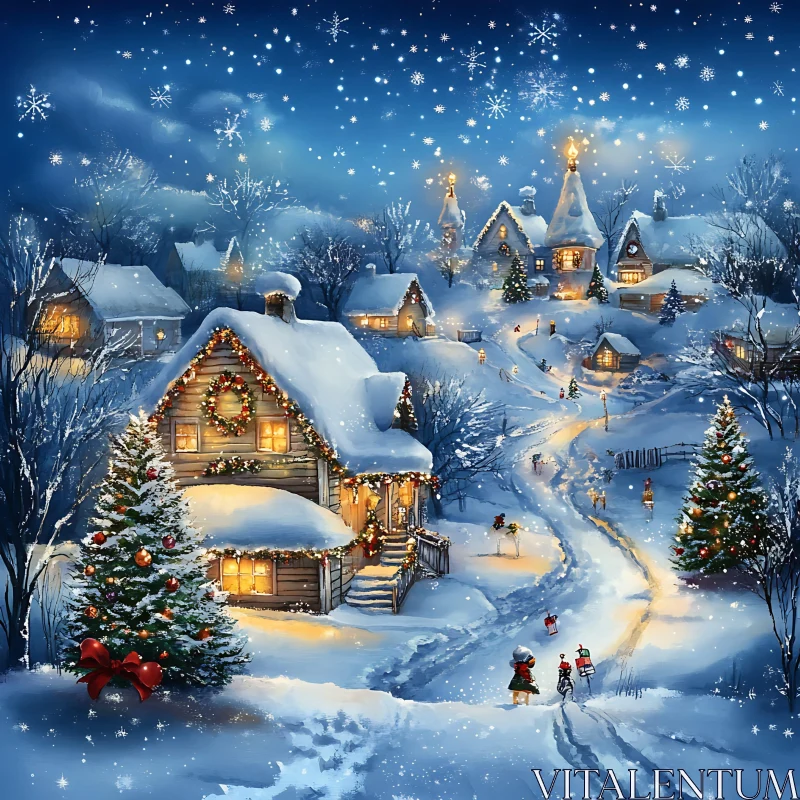 Enchanting Snow-Covered Village with Holiday Decorations AI Image