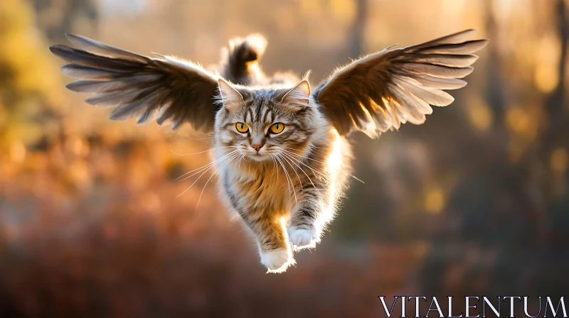 AI ART Winged Cat Soaring Through Sunlit Woods