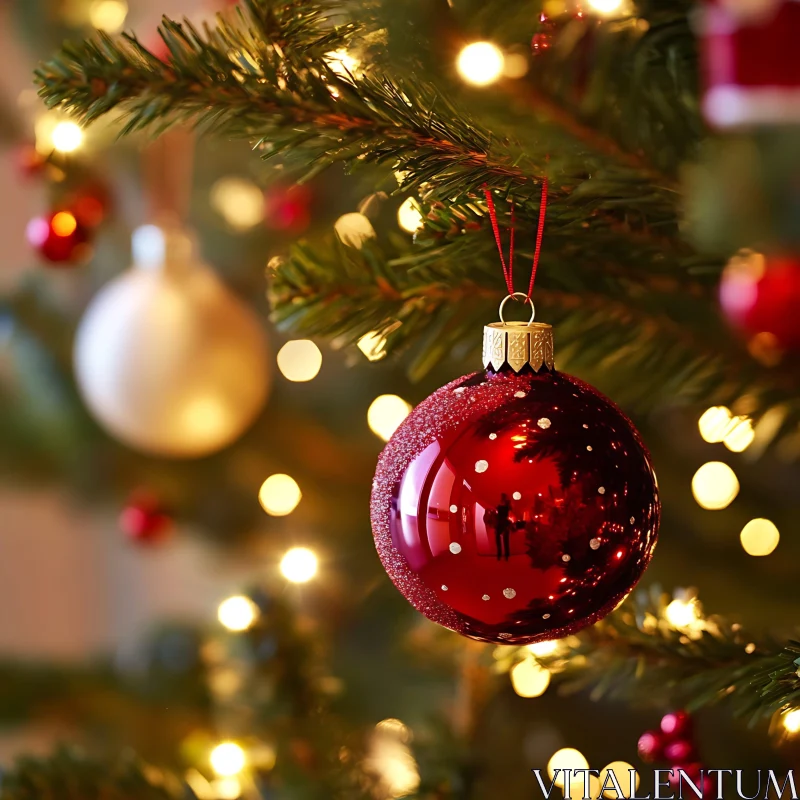 Festive Tree Decoration with Red Ornament AI Image