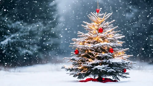 Festive Holiday Tree with Ornaments and Lights in Winter Snow