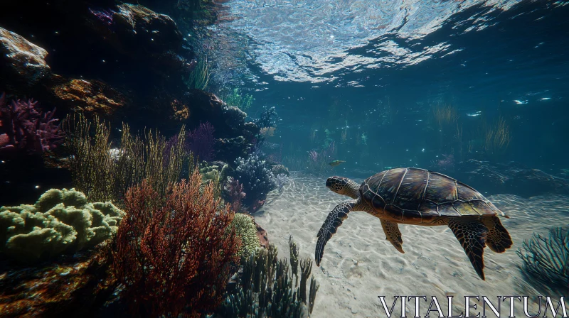 Underwater World with Graceful Turtle and Coral Reef AI Image