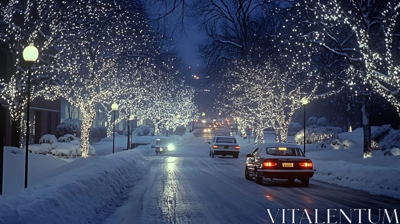 Snowy Street Adorned with Tree Lights AI Image