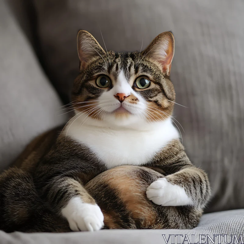 Charming Tabby Cat Lounging on Gray Sofa AI Image