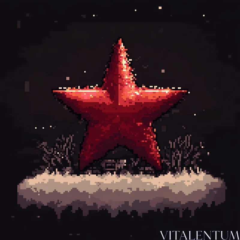 Glowing Red Star Pixel Art in Winter AI Image