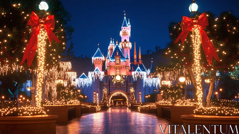 Magical Nighttime Castle with Holiday Lights AI Image